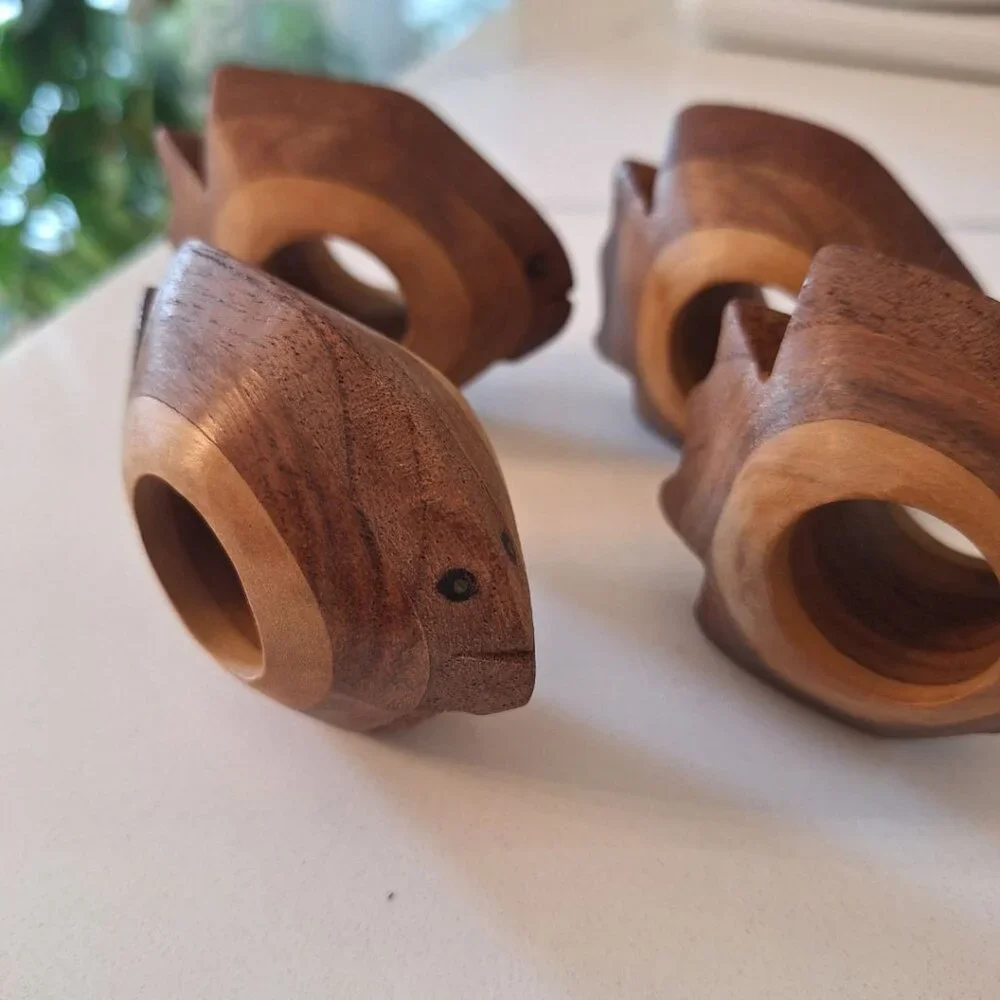 Wooden Fish Napkin Rings India Carved Eyes Faces Nautical Sea Beach Shore Island